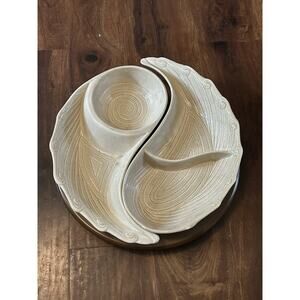 Vtg California pottery Yin Yang Lazy Susan Veggie serving dish Chip Dip Platter